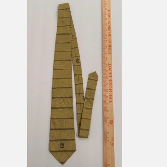 Tommy Hilfiger Vintage Men's Tie Silk Yellow Gold and Blue Stripe with Emblem - Picture 1 of 4